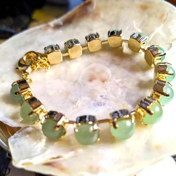 Genuine Green Jade Bracelet in 14K Gold Plated - Picture 2 of 4